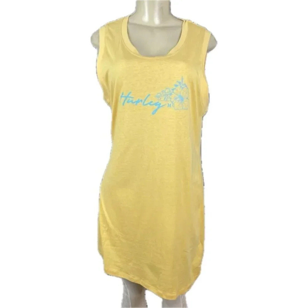 Hurley L Logo Yellow Floral Graphic Scoop Neck Lounge Sleeveless T-Shirt Dress - Picture 2 of 6